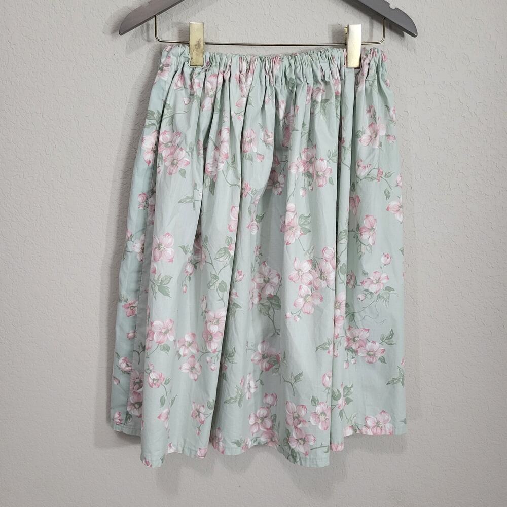 Handmade Floral  A-Line Skirt Women Size Small Green Pink Cotton Cottagecore